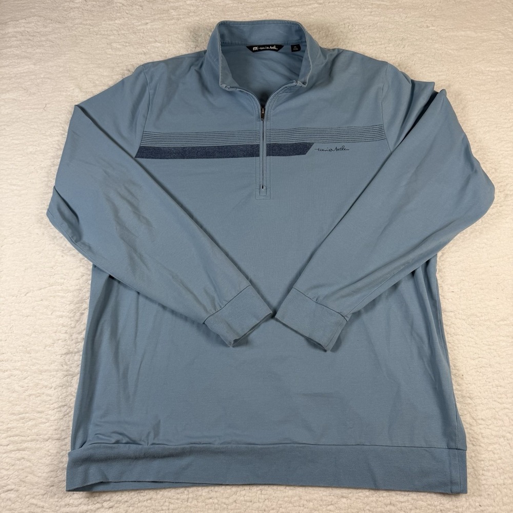 TravisMathew Mens XXL 1/4 Zip Pullover Blue Golf Performance Stripe Quarter Zip